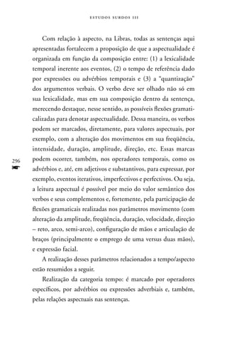 estudos surdos 11i



          Com relação à aspecto, na Libras, todas as sentenças aqui
      apresentadas fortalecem a proposição de que a aspectualidade é
      organizada em função da composição entre: (1) a lexicalidade
      temporal inerente aos eventos, (2) o tempo de referência dado
      por expressões ou advérbios temporais e (3) a “quantização”
      dos argumentos verbais. O verbo deve ser olhado não só em
      sua lexicalidade, mas em sua composição dentro da sentença,
      merecendo destaque, nesse sentido, as possíveis flexões gramati-
      calizadas para denotar aspectualidade. Dessa maneira, os verbos
      podem ser marcados, diretamente, para valores aspectuais, por
      exemplo, com a alteração dos movimentos em sua freqüência,
      intensidade, duração, amplitude, direção, etc. Essas marcas
296   podem ocorrer, também, nos operadores temporais, como os
f     advérbios e, até, em adjetivos e substantivos, para expressar, por
      exemplo, eventos iterativos, imperfectivos e perfectivos. Ou seja,
      a leitura aspectual é possível por meio do valor semântico dos
      verbos e seus complementos e, fortemente, pela participação de
      flexões gramaticais realizadas nos parâmetros movimento (com
      alteração da amplitude, freqüência, duração, velocidade, direção
      – reto, arco, semi-arco), configuração de mãos e articulação de
      braços (principalmente o emprego de uma versus duas mãos),
      e expressão facial.
          A realização desses parâmetros relacionados a tempo/aspecto
      estão resumidos a seguir.
          Realização da categoria tempo: é marcado por operadores
      específicos, por advérbios ou expressões adverbiais e, também,
      pelas relações aspectuais nas sentenças.
 