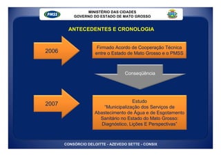 MINISTÉRIO DAS CIDADES
           GOVERNO DO ESTADO DE MATO GROSSO


        ANTECEDENTES E CRONOLOGIA


                      Firmado Acordo de Cooperação Técnica
2006                 entre o Estado de Mato Grosso e o PMSS



                                   Conseqüência




                                      Estudo
2007
                         “Municipalização dos Serviços de
                     Abastecimento de Água e de Esgotamento
                       Sanitário no Estado do Mato Grosso:
                        Diagnóstico, Lições E Perspectivas”



       CONSÓRCIO DELOITTE - AZEVEDO SETTE - CONSIX
 