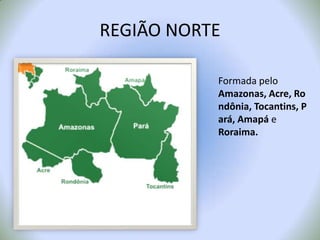 REGIÃO NORTEFormada pelo Amazonas, Acre, Rondônia, Tocantins, Pará, Amapá e Roraima. 