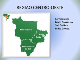 REGIAO CENTRO-OESTEFormada por Mato Grosso do Sul, Goiás e Mato Grosso.
