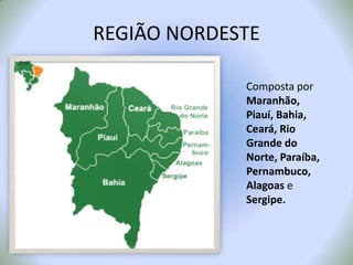 REGIÃO NORDESTEComposta por Maranhão, Piauí, Bahia, Ceará, Rio Grande do Norte, Paraíba, Pernambuco, Alagoas e Sergipe.