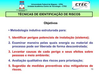 13
TÉCNICAS DE IDENTIFICAÇÃO DE RISCOS
Universidade Federal de Alagoas – UFAL
Unidade Acadêmica Centro de Tecnologia – CTEC
Objetivos
• Metodologia indutiva estruturada para:
1. Identificar perigos potenciais de instalação (sistema);
2. Examinar maneira pelas quais energia ou material do
processo pode ser liberada de forma descontrolada;
3. Levantar causas de cada perigo e seus efeitos sobre
pessoas e meio ambiente;
4. Avaliação qualitativa dos riscos para priorização;
5. Sugestão de medidas preventivas e/ou mitigadoras de
riscos.
 
