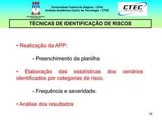 18
TÉCNICAS DE IDENTIFICAÇÃO DE RISCOS
Universidade Federal de Alagoas – UFAL
Unidade Acadêmica Centro de Tecnologia – CTEC
• Realização da APP:
- Preenchimento da planilha
• Elaboração das estatísticas dos cenários
identificados por categorias de risco.
- Frequência e severidade.
• Análise dos resultados
 