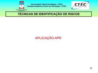 25
TÉCNICAS DE IDENTIFICAÇÃO DE RISCOS
Universidade Federal de Alagoas – UFAL
Unidade Acadêmica Centro de Tecnologia – CTEC
APLICAÇÃO APR
 