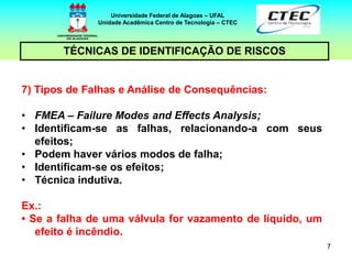 7
TÉCNICAS DE IDENTIFICAÇÃO DE RISCOS
Universidade Federal de Alagoas – UFAL
Unidade Acadêmica Centro de Tecnologia – CTEC
7) Tipos de Falhas e Análise de Consequências:
• FMEA – Failure Modes and Effects Analysis;
• Identificam-se as falhas, relacionando-a com seus
efeitos;
• Podem haver vários modos de falha;
• Identificam-se os efeitos;
• Técnica indutiva.
Ex.:
• Se a falha de uma válvula for vazamento de líquido, um
efeito é incêndio.
 