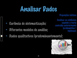Analisar Dados
Proposições teóricas

Carência de sistematização;
Diferentes modelos de análise;

Analisar as evidências
seguindo a teoria
contruída anteriormente
(problemática +
hipóteses).

Dados qualitativos (predominantemente);

18

 