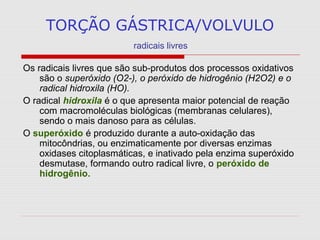 TORÇÃO GÁSTRICA/VOLVULO
radicais livres
Os radicais livres que são sub-produtos dos processos oxidativos
são o superóxido (O2-), o peróxido de hidrogênio (H2O2) e o
radical hidroxila (HO).
O radical hidroxila é o que apresenta maior potencial de reação
com macromoléculas biológicas (membranas celulares),
sendo o mais danoso para as células.
O superóxido é produzido durante a auto-oxidação das
mitocôndrias, ou enzimaticamente por diversas enzimas
oxidases citoplasmáticas, e inativado pela enzima superóxido
desmutase, formando outro radical livre, o peróxido de
hidrogênio.
 
