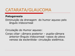 CATARATA/GLAUCOMA
Patogenesia
Diminuição da drenagem do humor aquoso pelo
ângulo iridocorneal
Circulação do Humor aquoso:
Corpo ciliar- câmara posterior – pupila-câmara
anterior-Ângulo iridocorneal -vasos do plexo
venoso da esclerótida- circulação sistêmica.
 