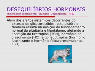 DESEQUILÍBRIOS HORMONAIS
Hiperadrenocorticismo Pituitário-Dependente (HPD)
Além dos efeitos sistêmicos decorrentes do
excesso de glicocorticóides, este distúrbio
também resulta na inibição do funcionamento
normal da pituitária e hipotálamo, afetando a
liberação da tirotropina (TSH), hormônio do
crescimento (HC), e gonadotropina (hormônio
luteinizante e hormônio folículo-estimulante,
FSH).
 