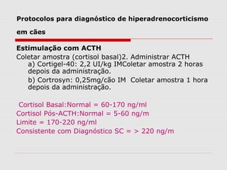 Protocolos para diagnóstico de hiperadrenocorticismo
em cães
Estimulação com ACTH
Coletar amostra (cortisol basal)2. Administrar ACTH
a) Cortigel-40: 2,2 UI/kg IMColetar amostra 2 horas
depois da administração.
b) Cortrosyn: 0,25mg/cão IM Coletar amostra 1 hora
depois da administração.
Cortisol Basal:Normal = 60-170 ng/ml
Cortisol Pós-ACTH:Normal = 5-60 ng/m
Limite = 170-220 ng/ml
Consistente com Diagnóstico SC = > 220 ng/m
 