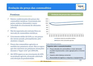 Evolução do preço das commodities 
Evolução de preços das commodities 
140,0 
120,0 
100,0 
80,0 
60,0 
40,0 
20,0 
Fonte: Elaboração própria. 
Impactos sobre a economia brasileira 
 Preços elevados de commodities e maior demanda 
EPE - Ricardo Gorini 10 
Premissas 
 Fatores condicionantes dos preços das 
commodities metálicas: Crescimento dos 
países asiáticos (demanda) e maior 
velocidade de crescimento de ofertantes 
(oferta); 
 Não há expectativa de restrição física no 
mercado de commodities metálicas; 
 Crescimento médio de 0,4% a.a. nos preços 
dos metais puxado, principalmente, pelo 
alumínio e níquel; 
 Preços das commodities agrícolas se 
mantêm nos patamares atuais. Não se espera 
que eles retornem aos patamares alcançados 
durante o “Super ciclo” pré 2009/08; 
 Até 2050 espera-se um crescimento de 60% 
na produção agrícola, alcançado sobretudo 
com elevação da produtividade. 
0,0 
2012 
2014 
2016 
2018 
2020 
2022 
2024 
2026 
2028 
2030 
2032 
2034 
2036 
2038 
2040 
2042 
2044 
2046 
2048 
2050 
Número índice de commodities metálicas 
Número índice commodities agrícolas 
 Afeta a logística e o comércio mundial, 
possibilitando o surgimento de novas parcerias 
comerciais. 
mundial impulsionarão o setor agropecuário e minerais 
básicos; 
 Impacto sobre balança comercial. 
 Necessidade de logística e máquinas e equipamentos. 
 