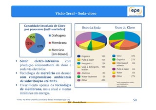 Visão Geral – Soda-cloro 
 Setor eletro-intensivo com 
produção concomitante de cloro e 
soda via eletrólise. 
 Tecnologia de mercúrio em desuso 
com compromissos ambientais 
de substituição até 2025. 
 Crescimento apenas da tecnologia 
de membrana, mais atual e menos 
intensiva em energia. 
Fonte: The World Chlorine Council 2012/ Abiclor 2010/Elaboração EPE. 
Usos da Soda Usos do Cloro 
EPE - Ricardo Gorini 
58 
 
