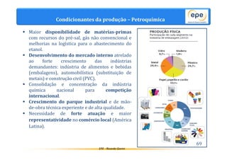 Maior disponibilidade de matérias-primas 
com recursos do pré-sal, gás não convencional e 
melhorias na logística para o abastecimento do 
etanol. 
 Desenvolvimento do mercado interno atrelado 
ao forte crescimento das indústrias 
demandantes: indústria de alimentos e bebidas 
(embalagens), automobilística (substituição de 
metais) e construção civil (PVC). 
 Consolidação e concentração da indústria 
química nacional para competição 
internacional. 
 Crescimento do parque industrial e de mão-de- 
obra técnica experiente e de alta qualidade. 
 Necessidade de forte atuação e maior 
representatividade no comércio local (América 
Latina). 
EPE - Ricardo Gorini 
69 
Condicionantes da produção – Petroquímica 
69 
 