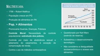 MALTHUSIANA
• 1798 – Robert Malthus
• População cresce em PG
• Produção de alimentos em PA
• Pop. > Alimentos
• Promoveria Guerras, Doenças, Pobreza
• Controle Moral: Necessidade de controle
populacional, sobretudo dos pobres,
• Controle por meio de abstinência sexual e
adiamento do casamentos, à exceção de
comprovação de renda;
• Contra o uso de métodos contraceptivos
• Questionado por Karl Marx
(exército de reserva)
• Subestimou o desenvolvimento
tecnológico;
• Não considerou a desigualdade
socioeconômica e o acesso aos
alimentos.
 
