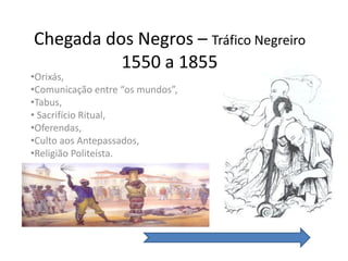 Chegada dos Negros – Tráfico Negreiro
          1550 a 1855
•Orixás,
•Comunicação entre “os mundos”,
•Tabus,
• Sacrifício Ritual,
•Oferendas,
•Culto aos Antepassados,
•Religião Politeísta.
 