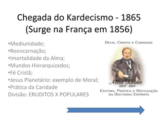 Chegada do Kardecismo - 1865
     (Surge na França em 1856)
•Mediunidade;
•Reencarnação;
•Imortalidade da Alma;
•Mundos Hierarquizados;
•Fé Cristã;
•Jesus Planetário: exemplo de Moral;
•Prática da Caridade
Divisão: ERUDITOS X POPULARES
 