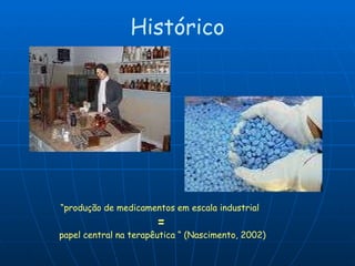 Histórico “ produção de medicamentos em escala industrial  = papel central na terapêutica “ (Nascimento, 2002) 