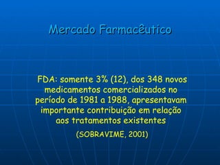 Mercado Farmacêutico FDA: somente 3% (12), dos 348 novos medicamentos comercializados no período de 1981 a 1988, apresentavam importante contribuição em relação aos tratamentos existentes (SOBRAVIME, 2001) 