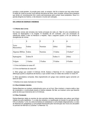 punição a Judá também. A punição para Judá, no entanto, não foi a mesma que veio sobre Israel.
A nação de Judá foi punida numa atitude educativa de Deus, para correção, porque Deus desejava
que ainda um remanescente fiel e santo permanecesse para cumprir seus propósitos. Deus é o
grande dirigente da história, e não deixará o mundo sem salvação.
OS LIVROS DE ESDRAS E NEEMIAS
1. O Nome dos Livros
Os nossos nomes são tomados dos heróis principais de cada um. Não há uma consistência de
nomes na Septuaginta e na Vulgata. O resultado dá em confusão, uma vez encarando as
referências dadas a eles na literatura a respeito. Veja o seguinte quadro a fim de verificar as
divergências de nomes:
1 2 3 4
Texto
Massorético
Esdras Neemias (falta) (falta)
Algumas Bíblias Esdras Neemias 1 Esdras 2 Esdras*
Septuaginta Esdras B Esdras A (falta)
Vulgata 1 Esdras 2 Esdras 3 Esdras 4 Esdras
1. O livro de Esdras do nosso AT.
2. O livro de Neemias do nosso AT.
3. Obra grega que contém II Crônicas 35-36, Esdras e Neemias 8.1-12, mostrando algumas
diferenças quanto a seqüência de trechos, e que contém mais um relato não contido no nosso AT.
4. Obra apocalíptica composta, feita originalmente em grego mais existente agora somente um
texto em latim.
* 2 Esdras é às vezes chamado de 4 Esdras.
2. A Sua Unidade Literária
Esdras-Neemias se mostram originalmente como um só livro. Eles mostram o mesmo estilo e tipo
de vocabulário, e continuidade quanto à história relatada. De fato, se mostram como que fazendo
parte da obra que chamamos de I e II Crônicas.
3. O Seu Conteúdo
Esdras-Neemias relata os eventos de dois períodos distintos relacionados aos judeus que tinham
voltado do exílio babilônico: 1) a volta dos exilados e a reedificação do templo no período de 538-
516 a.C.(Esdras 1 a 6); 2) a obra de Esdras em estabelecer a comunidade religiosamente, e a obra
de Neemias em estabelecer a comunidade fisicamente pela reconstrução dos muros de Jerusalém
no período de 458-420 a.C.(Esdras 7 a Neemias 13).
 