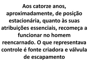 Aos catorze anos,
aproximadamente, de posição
estacionária, quanto às suas
atribuições essenciais, recomeça a
funcionar no homem
reencarnado. O que representava
controle é fonte criadora e válvula
de escapamento
 