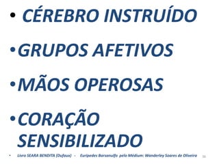 • CÉREBRO INSTRUÍDO
•GRUPOS AFETIVOS
•MÃOS OPEROSAS
•CORAÇÃO
SENSIBILIZADO• Livro SEARA BENDITA (Dufaux) - Euripedes Barsanulfo pelo Médium: Wanderley Soares de Oliveira 36
 