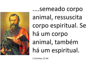 ....semeado corpo
animal, ressuscita
corpo espiritual. Se
há um corpo
animal, também
há um espiritual.
1 Coríntios 15:44
 
