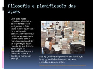 Filosofia e planificação das
ações
 Com base nesta
 reflexão mais teórica,
 os estudantes serão
 instigados a refletir
 sobre as conseqüências
 de uma filosofia
 positivista que contribui
 tanto para o avanço do
 Direito como para a
 manutenção do padrão
 de organização atual
 (standard), que dificulta
 a percepção da
 permeabilidade entre o
 direito e a política, o
 direito e a moral, por      Dos 83,4 milhões de processos em tramitação
 exemplo.                    hoje, 59,2 milhões são casos que deram
                             entrada em 2010 ou antes.
                             Dados disponíveis em: http://veja.abril.com.br/noticia/brasil/cai-o-numero-de-processos-em-2010-aponta-cnj
 