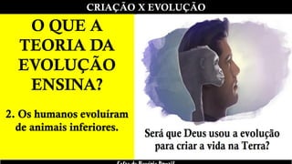 CRIAÇÃO X EVOLUÇÃO
O QUE A
TEORIA DA
EVOLUÇÃO
ENSINA?
2. Os humanos evoluíram
de animais inferiores.
 