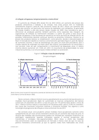A inflação ultrapassou temporariamente a meta oficial

           O aumento da inflação (IPC) desde fins de 2010 reflete um aumento dos preços dos
       produtos alimentícios e bebidas e da energia, mas estes preços têm se moderado
       ultimamente (Figura 4, parte A). Nos primeiros meses de 2011, houve um aumento dos
       preços dos serviços, em particular nos setores do habitação e de transportes. A apreciação
       da moeda modera a alta dos preços desde meados de 2009, mas considera-se que o
       diferencial de produção positivo também permitiu certa expansão das margens. As
       expectativas de inflação se mantiveram elevadas e a partir de junho a taxa anual de
       inflação ultrapassou o teto da banda de tolerância em torno da meta de inflação oficial. As
       pressões inflacionistas deverão continuar durante os próximos trimestres, mesmo se os
       preços dos produtos básicos se estabilizarem, como previsto, devido à desvalorização do
       Real. O mercado de trabalho se manteve extremamente apertado (Figura 4, parte B). Apesar
       de aumentos recentes, a taxa de desemprego caiu para um nível sem precedente, pois a
       criação robusta de empregos na maior parte dos setores, principalmente na construção e
       nos serviços, mais do que compensaram o crescimento da população ativa. O salário
       mínimo deverá aumentar em 13,6% em 2012. O crescimento da produtividade no setor
       industrial aumentou e as remunerações médias também se aceleraram.

                                            Figura 4. Inflação e taxa de desemprego
                                                             Em percentagem

              A. Inflação e taxa de juros                                                                               B. Taxa de desemprego
                 %                                                 %                                                                   %
              12                                                       20                                                                  12
                                              Inflação (IPCA,
              10                                                       18                                                                             11
                                              escala à esquerda)                                                        média
                                                                                                                       2005-07
                                              Índice SELIC                                                                                            10
               8                              (escala à direita)       16
                                                                                                                                                      9
               6                                                       14                                              2009
                                                                                              2008                                                    8
               4                                                       12
                                                                                                2010                                                  7

               2                                                       10          2011                                                               6

               0                                                       8                                                                              5
                                                                                        Mar




                                                                                                                 Jul
                                                                                  Fev


                                                                                              Abr




                                                                                                                       Ago
                                                                            Jan




                                                                                                           Jun



                                                                                                                              Set
                                                                                                     Mai




                                                                                                                                          Nov
                                                                                                                                                Dez
                                                                                                                                    Out




                   2004 2005 2006 2007 2008 2009 2010 2011


Nota: A zona cinza na parte A representa a banda de tolerância da meta de inflação.
Fonte: Banco Central do Brasil e IBGE.


          Neste contexto, o Banco Central recorreu paralelamente ao aumento da taxa de juros e a
       medidas macro-prudenciais. Após ter aumentado as reservas compulsórias dos bancos
       comerciais em dezembro de 2010 e a taxa de juros em 175 pontos-base desde o início de
       2011, o Banco Central reduziu a taxa básica em 50 pontos-base, para a 12,0% em setembro,
       por causa das incertezas crescentes relativas à economia mundial. Seu objetivo é uma
       convergência progressiva da inflação à meta central até fins de 2012.

           No contexto atual, seria prudente utilizar medidas macro-prudenciais somente como
       complemento de um novo arroxo monetário através de um aumento das taxas de juros. A
       eficácia das medidas não-convencionais poderá ser limitada por inovações financeiras ou
       arbitragem regulamentar (quando transações sujeitas a normas prudenciais são
       transferidas a entidades não-regulamentadas). Além disso, o efeito das medidas
       não-convencionais sobre as expectativas de mercado é menos claro do que no caso da
       política monetária convencional, já que os agentes estão mais habituados aos sinais

© OECD 2011                                                                                                                                                8
 