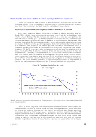Outras medidas para elevar o padrão de vida da população de maneira sustentável

           Os dois pré-requisitos para fortalecer o desenvolvimento econômico sustentável são:
       beneficiar o maior número de pessoas e assegurar que as medidas tomadas para alcançar
       esse desenvolvimento sejam compatíveis com a proteção do meio ambiente.

       Prioridade deve ser dada à manutenção da dinâmica de redução da pobreza

           A luta contra a extrema pobreza é uma das prioridades da agenda política do governo.
       Desde 1993, o Brasil registra uma queda acentuada e contínua das desigualdades, que
       reflete o bom desempenho do mercado de trabalho e o êxito de suas políticas de
       redistribuição de renda (Figura 12). O índice de pobreza caiu pela metade. Mas os níveis de
       desigualdade e pobreza continuam altos e, portanto, os esforços devem ser mantidos para
       acentuar a sua queda. Dentre as novas medidas a serem privilegiadas, cabe ampliar a escala
       e o alcance do Bolsa Família, que é um programa de transferência condicional de renda e
       que contribuiu para a redução da pobreza por um custo fiscal relativamente baixo. O
       programa atendeu 12,7 milhões de famílias em 2010 e seu custo representou 0,4% do PIB,
       enquanto 11% do PIB foram destinados à seguridade social, que beneficia principalmente a
       classe média (Abrahão de Castro e Modesto, 2010). Um dos aspectos dignos de nota do
       programa Bolsa Família foi o cadastramento quase exaustivo das famílias de baixa renda do
       país. Esta lista de beneficiários pode ser utilizada para aprimorar outras políticas sociais,
       conforme previsto no programa governamental Brasil sem Miséria, lançado recentemente.
       Os benefícios adicionais a serem oferecidos poderiam englobar a assistência médica às
       crianças e aos idosos membros da família, a capacitação profissional ou os empréstimos, e
       facilitariam o acesso às informações sobre outras políticas sociais já em andamento.

                                                 Figura 12. Pobreza e distribuição de renda
                                                                         Em percentagem

              45                                                                                                                                                 62

                                                                                                                                                                 60
              40

                                                                                                                                                                 58
              35
                                                                                                                                                                 56
              30
                                        Pessoas que vivem abaixo da linha de pobreza (escala da esquerda)                                                        54

              25                        Coeficiente de GINI (escala da direita)
                                                                                                                                                                 52

              20                                                                                                                                                 50
                   1990



                                 1992



                                                 1994



                                                               1996

                                                                      1997



                                                                                    1999



                                                                                                  2001



                                                                                                                2003

                                                                                                                       2004



                                                                                                                                     2006



                                                                                                                                                   2008
                          1991



                                          1993



                                                        1995




                                                                             1998



                                                                                           2000



                                                                                                         2002




                                                                                                                              2005



                                                                                                                                            2007



                                                                                                                                                          2009




Nota: O número de pessoas que vivem abaixo da linha de pobreza é definido em percentagem da população total.
Fonte: IPEA (IPEADATA).


           Embora os atuais programas de transferência de renda tenham sido bem sucedidos na
       redução da pobreza entre as pessoas idosas, há ainda muitos progressos a serem realizados
       em relação às taxas de pobreza entre os jovens. Nos últimos anos, houve aumentos
       expressivos do salário mínimo, cujo ajuste é vinculado à soma do crescimento real do PIB
       do penúltimo ano à inflação medida pelo IPC. No entanto, a elevação do salário mínimo não
       beneficia os mais necessitados, revelando-se menos eficiente que o Bolsa Família para
       reduzir a pobreza, especialmente a extrema pobreza. Ademais, uma série de medidas
       tomadas na gestão do sistema de aposentadoria e pensão não parece eficaz em termos de


© OECD 2011                                                                                                                                                           22
 