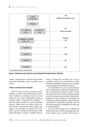 Estudos epidemiológicos e envelhecimento




                                                                                                                   1996
                                                > 60 anos
                                             1.742 habitantes                                     Identificação dos participantes (censo)


                                                Participantes


                                                                                                                  1997
                             Sim : 1.606/1.742                  Não: 136/1.742
                                                                                                         Linha de base do estudo
                                 (92,2%)                            (7,8%)


                                                                                                              Seguimentos
                       1o Seguimento - 1.579/1.606
                                                                                                                  1998
                              Perdas = 1,7%



                               2o Seguimento                                                                      1999



                               3o Seguimento                                                                       2000



                               4o Seguimento                                                                       2001
                                      ○
                                      ○
                                      ○
                                      ○




                              10o Seguimento                                                                      2007

 Fonte: adaptado de Lima-Costa e colaboradores, 2000b

Figura 4 - Delineamento do estudo de coorte de Bambuí-MG. Projeto Bambuí, 1996-2007


culturais, comportamentos e estilos de vida que podem                            estudo. É fundamental, entretanto, que o uso de
variar entre comunidades e países, associados a esses                            respondente próximo seja considerado na análise
eventos.19                                                                       (mediante estratificação ou ajustamento, por exemplo)
                                                                                 e na interpretação dos resultados da pesquisa.48
Vieses e variáveis de confusão                                                       Uma dificuldade dos estudos epidemiológicos
                                                                                 sobre envelhecimento é a definição da população-alvo.
    Além dos aspectos gerais da pesquisa epide-                                  Isso é particularmente importante quando o estudo
miológica, os estudos sobre envelhecimento requerem                              inclui idosos mais velhos, porque a institucionalização
alguns cuidados ou estratégias especiais a serem                                 cresce de forma marcante com a idade. Estudos epide-
levados em conta, tanto no planejamento quanto na                                miológicos de idosos residentes na comunidade, que
condução, análise e interpretação dos resultados.22,47                           excluem idosos institucionalizados, podem subestimar
Entre esses aspectos, destaca-se o uso de respondentes                           a prevalência de incapacidade na população. Esse viés
próximos. Alguns idosos mais velhos podem estar                                  será mais acentuado em comunidades com maior grau
muito doentes ou apresentar déficit cognitivo que                                de institucionalização.
impeça a sua participação na pesquisa. Nesse caso,                                   O viés de seleção sempre deve ser lembrado em
pode-se recorrer a uma pessoa próxima para se obter                              estudos do tipo caso-controle da população idosa. Ele
alguma informação e assegurar a validade interna do                              ocorre quando casos e controles diferem entre si



198     ●   Volume 12 - Nº 4 - out/dez de 2003                     ●   Epidemiologia e Serviços de Saúde
 