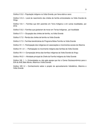 9
Gráfico V.5.2 – População indígena na Volta Grande, por faixa etária e sexo
Gráfico V.5.3 – Local de nascimento dos chefes de família entrevistados na Volta Grande do
Xingu
Gráfico V.6.1 – Famílias que têm parentes em Terra Indígena e em outras localidades, por
etnia
Gráfico V.6.2 – Famílias que gostariam de morar em Terras Indígenas , por localidade
Gráfico V.7.1 – Ocupação dos chefes de família, na Volta Grande
Gráfico V.7.2 - Renda dos chefes de família na Volta Grande
Gráfico V.7.3 - Famílias beneficiárias do Programa Bolsa Família na Volta Grande
Gráfico VI.1.1– Participação dos indígenas em associações e movimentos sociais de Altamira
Gráfico VI.1.2.1. – Participação no movimento indígena das famílias da Volta Grande
Gráfico VII.1.1– Composição étnica das famílias indígenas da Volta Grande do Xingu
Gráfico VII.2.1 – Atividade principal do Chefe da Família Indígena da Volta Grande
Gráfico VIII. 1. 1– Entrevistados ou não pela equipe que fez o Censo Socioeconômico para o
EIA do AHE Belo Monte, Altamira e Volta Grande.
Gráfico VIII.1.2 – Conhecimento sobre o projeto de aproveitamento hidrelétrico, Altamira e
Volta Grande
 