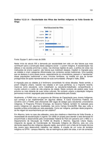 151
Gráfico V.2.3.1.4 – Escolaridade dos filhos das famílias indígenas na Volta Grande do
Xingu
Fonte: Equipe V, abril e maio de 2009.
Neste início do século XXI a demanda por escolaridade tem sido um dos fatores que mais
contribuem para a construção desta categoria social – o jovem indígena. A escolarização nas
aldeias e nas escolas próximas a estas, nas diversas regiões do país, a política de cotas nas
instituições de ensino superior, são fatores que mobilizam desejos, impelem à migração para
as cidades e criam categorias diferenciadas nos contextos sociais tradicionais. Uma questão
que se destaca é como esses jovens, especialmente os universitários, passam a “representar”
essas populações tradicionais e seus vínculos familiares, na medida em que se tornam
protagonistas de ações representativas de suas comunidades. (Rangel e Valle, 2008)
A migração para as cidades já é fenômeno consolidado há várias décadas. Neste sentido, o
jovem indígena urbano, nascido nas cidades e em suas periferias, ou o migrante recente,
insere-se como estudante, como trabalhador ou estudante-trabalhador, compartilhando o
mundo cultural e o estilo de vida próprios da cidade. Neste contexto ele poderá estar mais
próximo ou mais distante de suas raízes culturais. No contexto urbano a população indígena
permanece invisível, segregada pela sociedade e desassistida pelo Estado.
Atualmente, a FUNAI criou um programa de Oficinas de Capacitação para Jovens Indígenas,
que começa a ser implementado em algumas aldeias. A Caixa Econômica Federal, em
convênio com a FUNAI, está oferecendo 300 vagas de estágio para estudantes universitários
indígenas. O Programa Primeiro Emprego, do Governo Federal, também foi realizado para
jovens indígenas em algumas localidades, tais como Campo Grande/MS. Mas aqui volta a
questão jurídica enfrentada por esta população. Como ser indígena, participar deste programa,
se lhe negam tal reconhecimento por ser citadino?
Em Altamira, tanto no caso dos aldeados, como dos citadinos e ribeirinhos da Volta Grande, a
necessidade de escolarização é urgente. Em 2008 um projeto para atender a esta demanda foi
encaminhado e desenvolvido pela Universidade Federal do Pará em parceria com o MEC e o
Departamento de Educação da FUNAI de Brasília e Altamira. Segundo Liliane Xipaia,
integrante da equipe de Coordenação de Educação Indígena de Altamira, esta era uma
demanda específica dos indígenas daquela região, que sofrem com a falta de formação técnica
dos jovens para desenvolver trabalhos nas aldeias. A criação de um curso de temática
indígena na UFPA - campus Altamira, não se restringiria ao plano de cotas, e sim de conteúdo,
 