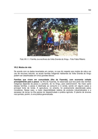 182
Foto VII.1.1: Família Juruna/Arara da Volta Grande do Xingu - Foto Fabio Ribeiro
VII.2. Modos de vida
De acordo com os dados levantados em campo, no que diz respeito aos modos de vida e ao
uso de recursos naturais, as atuais famílias indígenas habitantes da Volta Grande do Xingu
podem ser classificadas em cinco grandes blocos:
Famílias que vivem em comunidade (Ilha da Fazenda), com economia voltada
principalmente para a pesca: na Ilha da Fazenda, foi observado que boa parte das famílias
indígenas depende da pesca e, portanto, do rio Xingu, para sobreviverem. Na maior parte
dessas famílias, a pesca é destinada ao consumo e à venda, sendo em alguns casos a
principal fonte de renda. A agricultura, no entanto, foi praticamente abandonada pelos
moradores. Nesse caso, a maior disponibilidade relativa de produtos industrializados e a
escassez de terras na ilha parece ter desestimulado a prática agrícola. O plantio de árvores
nos quintais, porém, é uma prática generalizada.
 