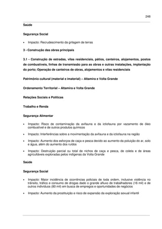 248
Saúde
Segurança Social
• Impacto: Recrudescimento da grilagem de terras
3 - Construção das obras principais
3.1 - Construção de estradas, vilas residenciais, pátios, canteiros, alojamentos, postos
de combustíveis, linhas de transmissão para as obras e outras instalações, implantação
do porto; Operação de canteiros de obras, alojamentos e vilas residenciais
Patrimônio cultural (material e imaterial) – Altamira e Volta Grande
Ordenamento Territorial – Altamira e Volta Grande
Relações Sociais e Políticas
Trabalho e Renda
Segurança Alimentar
• Impacto: Risco de contaminação da avifauna e da ictiofauna por vazamento de óleo
combustível e de outros produtos químicos
• Impacto: Interferências sobre a movimentação da avifauna e da ictiofauna na região
• Impacto: Aumento dos esforços de caça e pesca devido ao aumento da poluição do ar, solo
e água, além do aumento dos ruídos
• Impacto: Destruição parcial ou total de nichos de caça e pesca, de coleta e de áreas
agricultáveis exploradas pelos indígenas da Volta Grande
Saúde
Segurança Social
• Impacto: Maior incidência de ocorrências policiais de toda ordem, inclusive violência no
trânsito, tráfico e consumo de drogas dado o grande afluxo de trabalhadores (16 mil) e de
outros indivíduos (80 mil) em busca de empregos e oportunidades de negócios
• Impacto: Aumento da prostituição e risco de expansão da exploração sexual infantil
 