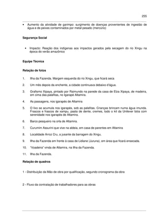 255
• Aumento da atividade de garimpo: surgimento de doenças provenientes de ingestão de
água e de peixes contaminados por metal pesado (mercúrio)
Segurança Social
• Impacto: Reação dos indígenas aos impactos gerados pela secagem do rio Xingu na
época do verão amazônico
Equipe Técnica
Relação de fotos
1. Ilha da Fazenda. Margem esquerda do rio Xingu, que ficará seca
2. Um mês depois da enchente, a cidade continuava debaixo d’água.
3. Grafismo Xipaya, pintado por Raimundo na parede da casa de Elza Xipaya, de madeira,
em cima das palafitas, no Igarapé Altamira.
4. As passagens, nos igarapés de Altamira
5. O lixo se acumula nos igarapés, sob as palafitas. Crianças brincam numa água imunda.
Frascos e frascos de xampu, pasta de dente, cremes, todo o kit da Unilever bóia com
serenidade nos igarapés de Altamira.
6. Barco pesqueiro na orla de Altamira.
7. Curumim Assurini que vive na aldeia, em casa de parentes em Altamira
8. Localidade Arroz Cru, a jusante da barragem do Xingu.
9. Ilha da Fazenda em frente à casa de Lidiane (Juruna), em área que ficará ensecada.
10. “Voadeira” vinda de Altamira, na Ilha da Fazenda.
11. Ilha da Fazenda.
Relação de quadros
1 - Distribuição da Mão de obra por qualificação, segundo cronograma da obra
2 - Fluxo da contratação de trabalhadores para as obras
 