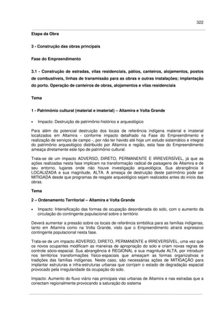 322
Etapa da Obra
3 - Construção das obras principais
Fase do Empreendimento
3.1 - Construção de estradas, vilas residenciais, pátios, canteiros, alojamentos, postos
de combustíveis, linhas de transmissão para as obras e outras instalações; implantação
do porto. Operação de canteiros de obras, alojamentos e vilas residenciais
Tema
1 - Patrimônio cultural (material e imaterial) – Altamira e Volta Grande
• Impacto: Destruição de patrimônio histórico e arqueológico
Para além da potencial destruição dos locais de referência indígena material e imaterial
localizados em Altamira - conforme impacto detalhado na Fase do Empreendimento e
realização de serviços de campo -, por não ter havido até hoje um estudo sistemático e integral
do patrimônio arqueológico distribuído por Altamira e região, esta fase do Empreendimento
ameaça diretamente este tipo de patrimônio cultural.
Trata-se de um impacto ADVERSO, DIRETO, PERMANENTE E IRREVERSÍVEL, já que as
ações realizadas nesta fase implicam na transformação radical de paisagens de Altamira e de
seu entorno, lugares onde não houve investigação arqueológica. Sua abrangência é
LOCALIZADA e sua magnitude, ALTA. A ameaça de destruição deste patrimônio pode ser
MITIGADA desde que programas de resgate arqueológico sejam realizados antes do início das
obras.
Tema
2 – Ordenamento Territorial – Altamira e Volta Grande
• Impacto: Intensificação das formas de ocupação desordenada do solo, com o aumento da
circulação do contingente populacional sobre o território
Deverá aumentar a pressão sobre os locais de referência simbólica para as famílias indígenas,
tanto em Altamira como na Volta Grande, visto que o Empreendimento atrairá expressivo
contingente populacional nesta fase.
Trata-se de um impacto ADVERSO, DIRETO, PERMANENTE e IRREVERSÍVEL, uma vez que
os novos ocupantes modificam as maneiras de apropriação do solo e criam novas regras de
controle sócio-espacial. Sua abrangência é REGIONAL e sua magnitude ALTA, por introduzir
nos territórios transformações físico-espaciais que ameaçam as formas organizativas e
tradições das famílias indígenas. Neste caso, são necessárias ações de MITIGAÇÃO para
implantar estruturas e infra-estruturas urbanas que corrijam o estado de degradação espacial
provocado pela irregularidade da ocupação do solo.
Impacto: Aumento do fluxo viário nas principais vias urbanas de Altamira e nas estradas que a
conectam regionalmente provocando a saturação do sistema
 