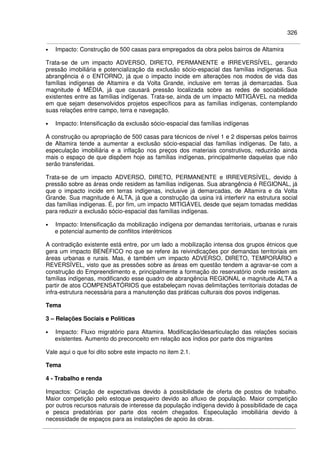 326
• Impacto: Construção de 500 casas para empregados da obra pelos bairros de Altamira
Trata-se de um impacto ADVERSO, DIRETO, PERMANENTE e IRREVERSÍVEL, gerando
pressão imobiliária e potencialização da exclusão sócio-espacial das famílias indígenas. Sua
abrangência é o ENTORNO, já que o impacto incide em alterações nos modos de vida das
famílias indígenas de Altamira e da Volta Grande, inclusive em terras já demarcadas. Sua
magnitude é MÉDIA, já que causará pressão localizada sobre as redes de sociabilidade
existentes entre as famílias indígenas. Trata-se, ainda de um impacto MITIGÁVEL na medida
em que sejam desenvolvidos projetos específicos para as famílias indígenas, contemplando
suas relações entre campo, terra e navegação.
• Impacto: Intensificação da exclusão sócio-espacial das famílias indígenas
A construção ou apropriação de 500 casas para técnicos de nível 1 e 2 dispersas pelos bairros
de Altamira tende a aumentar a exclusão sócio-espacial das famílias indígenas. De fato, a
especulação imobiliária e a inflação nos preços dos materiais construtivos, reduzirão ainda
mais o espaço de que dispõem hoje as famílias indígenas, principalmente daquelas que não
serão transferidas.
Trata-se de um impacto ADVERSO, DIRETO, PERMANENTE e IRREVERSÍVEL, devido à
pressão sobre as áreas onde residem as famílias indígenas. Sua abrangência é REGIONAL, já
que o impacto incide em terras indígenas, inclusive já demarcadas, de Altamira e da Volta
Grande. Sua magnitude é ALTA, já que a construção da usina irá interferir na estrutura social
das famílias indígenas. É, por fim, um impacto MITIGÁVEL desde que sejam tomadas medidas
para reduzir a exclusão sócio-espacial das famílias indígenas.
• Impacto: Intensificação da mobilização indígena por demandas territoriais, urbanas e rurais
e potencial aumento de conflitos interétnicos
A contradição existente está entre, por um lado a mobilização intensa dos grupos étnicos que
gera um impacto BENÉFICO no que se refere às reivindicações por demandas territoriais em
áreas urbanas e rurais. Mas, é também um impacto ADVERSO, DIRETO, TEMPORÁRIO e
REVERSÍVEL, visto que as pressões sobre as áreas em questão tendem a agravar-se com a
construção do Empreendimento e, principalmente a formação do reservatório onde residem as
famílias indígenas, modificando esse quadro de abrangência REGIONAL e magnitude ALTA a
partir de atos COMPENSATÓRIOS que estabeleçam novas delimitações territoriais dotadas de
infra-estrutura necessária para a manutenção das práticas culturais dos povos indígenas.
Tema
3 – Relações Sociais e Políticas
• Impacto: Fluxo migratório para Altamira. Modificação/desarticulação das relações sociais
existentes. Aumento do preconceito em relação aos índios por parte dos migrantes
Vale aqui o que foi dito sobre este impacto no item 2.1.
Tema
4 - Trabalho e renda
Impactos: Criação de expectativas devido à possibilidade de oferta de postos de trabalho.
Maior competição pelo estoque pesqueiro devido ao afluxo de população. Maior competição
por outros recursos naturais de interesse da população indígena devido à possibilidade de caça
e pesca predatórias por parte dos recém chegados. Especulação imobiliária devido à
necessidade de espaços para as instalações de apoio às obras.
 