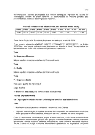 342
desempregados aqueles privilegiados que tinham conseguido ingressar no quadro de
contratações. Deixam de existir, também, as oportunidades de trabalho geradas pela
possibilidade de prestação de serviços aos migrantes.
Fluxo da contratação de trabalhadores para as obras (média anual)
1º ano 2º ano 3º ano 4º ano 5º ano 6º ano 7º ano 8º ano 9º ano 10º ano
6.547 15.419 18.697 17.350 15.555 5.290 1.763 1.534 1.375 1.060
Fonte: Leme Engenharia. Apresentação para os antropólogos, janeiro de 2009.
É um impacto altamente ADVERSO, DIRETO, PERMANENTE, IRREVERSÍVEL, de âmbito
REGIONAL, mas que se fará sentir mais duramente em Altamira; é de ALTA magnitude e, no
que se refere aos índios, não pode ser mitigado nem compensado.
Tema
5 – Segurança Alimentar
Não se prevêem impactos nesta fase do Empreendimento.
Tema
6 – Saúde
Não se prevêem impactos nesta fase do Empreendimento.
Tema
7 – Segurança Social
Vale aqui o que foi dito no item 3.2
Etapa da Obra
4 - Liberação das áreas para formação dos reservatórios
Fase do Empreendimento
4.1 - Aquisição de imóveis rurais e urbanos para formação dos reservatórios
Tema
1 - Patrimônio cultural (material e imaterial) – Altamira e Volta Grande
• Impacto: Intensificação da quebra de redes de transmissão de conhecimento tradicional
entre gerações de índios citadinos, moradores da Volta Grande e nas terras indígenas
Como já devidamente detalhado nas etapas e fases anteriores, o circuito de transmissão de
conhecimentos tradicionais de geração para geração se insere numa vasta rede de parentesco
que envolve famílias indígenas citadinas, moradoras na Volta Grande e nas terras indígenas
Juruna, Xipaya e Kuruaya. Conforme levantamento apresentado no diagnóstico, um pouco
 