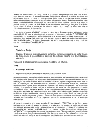 393
Depois do levantamento de campo sobre a população indígena que não vive nas aldeias
realizado para este estudo, verificou-se in locu a intensidade da tensão existente. Todos sabem
do Empreendimento, inclusive do atual projeto e, para todos, a perspectiva de um “inverno”
permanente acima da barragem e de um “verão” permanente abaixo dela parece temível, bem
como a possibilidade de rompimento da barragem no Sítio Pimental para os que vivem a
jusante. Assim, o projeto de AHE Belo Monte inscreve-se na mitologia indígena, ficando os
índios divididos entre a aceitação da vontade “divina” e o desejo de lutar para que o
Empreendimento não se concretize.
É um impacto muito ADVERSO porque é como se o Empreendimento estivesse sendo
construído há 20 anos e seus impactos acontecendo no mesmo período. É DIRETAMENTE
relacionado com a divulgação do Empreendimento e à realização de serviços de campo. Por
enquanto, é PERMANENTE, visto que uma geração inteira já viveu sob o domínio deste tema.
Mas é REVERSÍVEL. De âmbito REGIONAL, de ALTA magnitude e que já não pode ser
mitigado, devendo ser COMPENSADO.
Tema
4 – Trabalho e Renda
• Impacto: Criação de expectativas junto às famílias indígenas moradoras na Volta Grande
do Xingu, devido à possibilidade de obtenção de postos de trabalho e de dinamização da
economia
Vale aqui o foi dito para as famílias indígenas moradoras em Altamira.
Tema
5 – Segurança Alimentar
• Impacto: Ampliação das bases de dados socioeconômicos locais
O desenvolvimento de estudos prévios sobre o meio ambiente é fundamental para a avaliação
dos impactos que poderão ser provocados pelo Empreendimento nas diferentes etapas de sua
construção. No meio biótico a possibilidade de ocorrerem impactos negativos é muito alta, já
que a construção do Empreendimento interferirá drasticamente sobre os diferentes
ecossistemas da região. Assim a interação do biótico com o meio antrópico será evidentemente
afetada, principalmente com relação à obtenção do alimento pela população indígena
moradora da Volta Grande do Xingu. Os estudos apresentarão informações inéditas sobre a
importância e o papel dos recursos naturais explorados nessa região para a venda no mercado
de Altamira, o padrão alimentar desses povos indígenas, as formas e locais de obtenção dos
alimentos, as estratégias dos grupos domésticos para garantir uma dieta básica tradicional, e
também as informações sobre os aspectos simbólicos dos diferentes tipos de alimentos
consumidos.
O impacto provocado por esses estudos foi considerado BENÉFICO por produzir novos
conhecimentos sobre os aspectos culturais e econômicos da segurança alimentar entre os
indígenas da Volta Grande; DIRETO pela forma que se manifesta; PERMANENTE, dada a sua
persistência no tempo; IRREVERSÍVEL por revelar novas informações etnográficas;
LOCALIZADO porque incide diretamente nas etnias e de ALTA magnitude pela intensidade de
transformação da situação preexistente de falta de conhecimentos. Sendo benéfico, poderá ser
potencializado com o aporte de recursos para o aprofundamento e ampliação dos estudos.
 