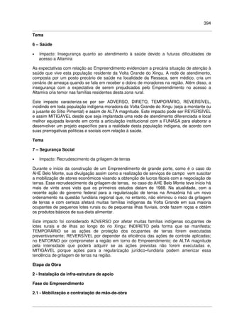 394
Tema
6 – Saúde
• Impacto: Insegurança quanto ao atendimento à saúde devido a futuras dificuldades de
acesso a Altamira
As expectativas com relação ao Empreendimento evidenciam a precária situação de atenção à
saúde que vive esta população residente da Volta Grande do Xingu. A rede de atendimento,
composta por um posto precário de saúde na localidade da Ressaca, sem médico, cria um
cenário de ameaça quando se fala em receber o dobro de moradores na região. Além disso, a
insegurança com a expectativa de serem prejudicados pelo Empreendimento no acesso a
Altamira cria temor nas famílias residentes desta zona rural.
Este impacto caracteriza-se por ser ADVERSO, DIRETO, TEMPORÁRIO, REVERSÍVEL,
incidindo em toda população indígena moradora da Volta Grande do Xingu (seja a montante ou
a jusante do Sítio Pimental) e assim de ALTA magnitude. Este impacto pode ser REVERSÍVEL
e assim MITIGÁVEL desde que seja implantada uma rede de atendimento diferenciada e local
melhor equipada levando em conta a articulação institucional com a FUNASA para elaborar e
desenvolver um projeto específico para a realidade desta população indígena, de acordo com
suas prerrogativas políticas e sociais com relação à saúde.
Tema
7 – Segurança Social
• Impacto: Recrudescimento da grilagem de terras
Durante o início da construção de um Empreendimento de grande porte, como é o caso do
AHE Belo Monte, sua divulgação assim como a realização de serviços de campo vem suscitar
a mobilização de atores econômicos visando a obtenção de lucros fáceis com a negociação de
terras. Esse recrudescimento da grilagem de terras, no caso do AHE Belo Monte teve início há
mais de vinte anos visto que os primeiros estudos datam de 1988. Na atualidade, com a
recente ação do governo federal para a regularização de terras na Amazônia há um novo
ordenamento na questão fundiária regional que, no entanto, não eliminou o risco da grilagem
de terras e com certeza afetará muitas famílias indígenas da Volta Grande em sua maioria
ocupantes de pequenos lotes rurais ou de pequenas ilhas fluviais, onde fazem roças e obtêm
os produtos básicos de sua dieta alimentar.
Este impacto foi considerado ADVERSO por afetar muitas famílias indígenas ocupantes de
lotes rurais e de ilhas ao longo do rio Xingu; INDIRETO pela forma que se manifesta;
TEMPORÁRIO se as ações de proteção dos ocupantes de terras forem executadas
preventivamente; REVERSÍVEL por depender da eficiência das ações de controle aplicadas;
no ENTORNO por comprometer a região em torno do Empreendimento; de ALTA magnitude
pela intensidade que poderá adquirir se as ações previstas não forem executadas e,
MITIGÁVEL porque ações para a regularização jurídico–fundiária podem amenizar essa
tendência de grilagem de terras na região.
Etapa da Obra
2 - Instalação da infra-estrutura de apoio
Fase do Empreendimento
2.1 - Mobilização e contratação de mão-de-obra
 