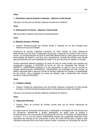 395
Tema
1 - Patrimônio cultural (material e imaterial) – Altamira e Volta Grande
Vale aqui o foi dito para as famílias indígenas moradoras em Altamira.
Tema
2– Ordenamento Territorial – Altamira e Volta Grande
Não se prevêem impactos nesta fase do Empreendimento.
Tema
3– Relações Sociais e Políticas
• Impacto: Desestruturação das famílias devido à migração de um dos cônjuges para
Altamira em busca de trabalho
Atualmente as famílias indígenas moradoras na Volta Grande do Xingu dedicam-se
basicamente, como foi visto no diagnóstico ao garimpo, à agricultura e à pesca. Caso venha a
ocorrer, um Empreendimento do porte do AHE Belo Monte tenderá a atrair gente em busca de
oportunidades de trabalho o que terá como conseqüência a divisão das famílias entre aquele
que permanecerão em suas localidades de origem e os que irão procurar trabalho e emprego.
Embora apresente aspectos benéficos do ponto de vista da renda familiar para aqueles que
conseguirem emprego, é ADVERSO do ponto de vista da integridade das famílias. É
INDIRETO, TEMPORÁRIO (podendo vir a ser permanente no caso em que os vínculos se
rompam definitivamente), REVERSÍVEL, LOCALIZADO nas localidades da Volta Grande, de
BAIXA magnitude dado o pequeno número de famílias indígenas em questão e a possibilidade
de não ocorrer, seja a migração em busca de trabalho, seja o rompimento dos vínculos
familiares. Pode ser MITIGADO.
Tema
4 – Trabalho e Renda
• Impacto: Criação de expectativas junto às famílias indígenas moradoras na Volta Grande
do Xingu e aumento da discriminação devido à concorrência por postos de trabalho
Vale aqui o foi dito para as famílias indígenas moradoras em Altamira.
Tema
5 – Segurança Alimentar
• Impacto: Risco de aumento de conflitos sociais pelo uso de nichos tradicionais de
exploração
Na etapa inicial de construção está prevista a mobilização e contratação de mão-de-obra que
irá transformar radicalmente o quadro demográfico da região onde se localiza o
Empreendimento. Há uma previsão de contratação de cerca de 16 mil peões (considerando-se
os níveis 1, 2 e 3), em sua maioria, trabalhadores braçais sem qualificação específica. Essa
expectativa de emprego já vem provocando o afluxo de muitas famílias para a região e essa
migração certamente será muito maior quando iniciado o processo de contratação de mão-de-
 