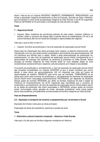 406
Assim, trata-se de um impacto ADVERSO, INDIRETO, PERMANENTE, IRREVERSÍVEL que
atinge a população indígena principalmente na Ilha da Fazenda, Garimpo do Galo e Ressaca,
que concentram a maior parte da população indígena da Volta Grande, e de ALTA magnitude.
Pode ser MITIGADO se for priorizada a contratação de mão-de-obra na região.
Tema
7 – Segurança Social
• Impacto: Maior incidência de ocorrências policiais de toda ordem, inclusive violência no
trânsito, tráfico e consumo de drogas dado o grande afluxo de trabalhadores (16 mil) e de
outros indivíduos (80 mil) em busca de empregos e oportunidades de negócios
Vale aqui o que foi dito no item 2.1.
• Impacto: Aumento da prostituição e risco de expansão da exploração sexual infantil
Nessa fase da implantação das obras principais esse impacto, já descrito anteriormente, será
intensificado uma vez que estará sendo consolidada a permanência dos aproximadamente 100
mil indivíduos que afluirão para a região. Aliada a essa potencialização da prostituição há,
evidentemente, um alto risco da expansão da exploração sexual infantil, principalmente se a
oportunidade de emprego não satisfizer as carências já presentes na Volta Grande. Nessa
situação as famílias indígenas da Volta Grande serão as mais afetadas dadas as suas
características socioeconômicas e aspectos culturais próprios com relação à sexualidade.
O aumento da prostituição e, principalmente, o risco de expansão da exploração sexual infantil
são situações consideradas um impacto ADVERSO já que é quase inevitável que ocorra
devido a esse afluxo de aproximadamente 100 mil migrantes que virão em busca de
oportunidades de trabalho; INDIRETO pela forma que se manifesta; TEMPORÁRIO se as
ações para evitar esse aumento da prostituição e, principalmente da expansão da exploração
sexual infantil forem executadas preventivamente; REVERSÍVEL por depender da eficiência
dessas ações de controle; REGIONAL por afetar as famílias indígenas de toda a região de
influência do Empreendimento; de ALTA magnitude pela intensidade que o aumento da
prostituição e, principalmente, do risco de expansão da exploração sexual infantil poderá aduirir
se as ações de prevenção não forem executadas e, MITIGÁVEL porque ações de controle
social, comunicação social, geração de renda, educação profissional, entre outras podem
barrar essa tendência, principalmente se direcionadas às famílias indígenas da Volta Grande.
Fase do Empreendimento
3.2 - Aquisição e transporte de insumos e equipamentos por via terrestre e fluvial
Aquisição de imóveis rurais para as obras principais
Exploração de áreas de empréstimo, pedreiras e jazidas de areia
Tema
1 - Patrimônio cultural (material e imaterial) – Altamira e Volta Grande
Vale aqui o foi dito para as famílias indígenas moradoras em Altamira.
 