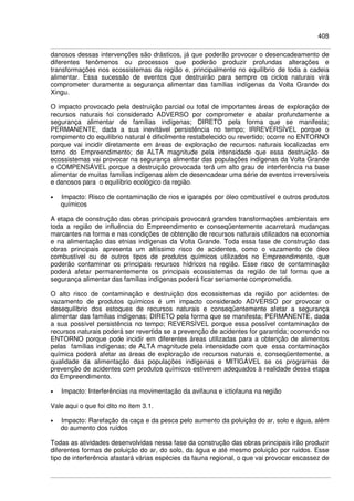 408
danosos dessas intervenções são drásticos, já que poderão provocar o desencadeamento de
diferentes fenômenos ou processos que poderão produzir profundas alterações e
transformações nos ecossistemas da região e, principalmente no equilíbrio de toda a cadeia
alimentar. Essa sucessão de eventos que destruirão para sempre os ciclos naturais virá
comprometer duramente a segurança alimentar das famílias indígenas da Volta Grande do
Xingu.
O impacto provocado pela destruição parcial ou total de importantes áreas de exploração de
recursos naturais foi considerado ADVERSO por comprometer e abalar profundamente a
segurança alimentar de famílias indígenas; DIRETO pela forma que se manifesta;
PERMANENTE, dada a sua inevitável persistência no tempo; IRREVERSÍVEL porque o
rompimento do equilíbrio natural é dificilmente restabelecido ou revertido; ocorre no ENTORNO
porque vai incidir diretamente em áreas de exploração de recursos naturais localizadas em
torno do Empreendimento; de ALTA magnitude pela intensidade que essa destruição de
ecossistemas vai provocar na segurança alimentar das populações indígenas da Volta Grande
e COMPENSÁVEL porque a destruição provocada terá um alto grau de interferência na base
alimentar de muitas famílias indígenas além de desencadear uma série de eventos irreversíveis
e danosos para o equilíbrio ecológico da região.
• Impacto: Risco de contaminação de rios e igarapés por óleo combustível e outros produtos
químicos
A etapa de construção das obras principais provocará grandes transformações ambientais em
toda a região de influência do Empreendimento e conseqüentemente acarretará mudanças
marcantes na forma e nas condições de obtenção de recursos naturais utilizados na economia
e na alimentação das etnias indígenas da Volta Grande. Toda essa fase de construção das
obras principais apresenta um altíssimo risco de acidentes, como o vazamento de óleo
combustível ou de outros tipos de produtos químicos utilizados no Empreendimento, que
poderão contaminar os principais recursos hídricos na região. Esse risco de contaminação
poderá afetar permanentemente os principais ecossistemas da região de tal forma que a
segurança alimentar das famílias indígenas poderá ficar seriamente comprometida.
O alto risco de contaminação e destruição dos ecossistemas da região por acidentes de
vazamento de produtos químicos é um impacto considerado ADVERSO por provocar o
desequilíbrio dos estoques de recursos naturais e conseqüentemente afetar a segurança
alimentar das famílias indígenas; DIRETO pela forma que se manifesta; PERMANENTE, dada
a sua possível persistência no tempo; REVERSÍVEL porque essa possível contaminação de
recursos naturais poderá ser revertida se a prevenção de acidentes for garantida; ocorrendo no
ENTORNO porque pode incidir em diferentes áreas utilizadas para a obtenção de alimentos
pelas famílias indígenas; de ALTA magnitude pela intensidade com que essa contaminação
química poderá afetar as áreas de exploração de recursos naturais e, conseqüentemente, a
qualidade da alimentação das populações indígenas e MITIGÁVEL se os programas de
prevenção de acidentes com produtos químicos estiverem adequados à realidade dessa etapa
do Empreendimento.
• Impacto: Interferências na movimentação da avifauna e ictiofauna na região
Vale aqui o que foi dito no item 3.1.
• Impacto: Rarefação da caça e da pesca pelo aumento da poluição do ar, solo e água, além
do aumento dos ruídos
Todas as atividades desenvolvidas nessa fase da construção das obras principais irão produzir
diferentes formas de poluição do ar, do solo, da água e até mesmo poluição por ruídos. Esse
tipo de interferência afastará várias espécies da fauna regional, o que vai provocar escassez de
 