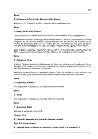 414
Tema
2 – Ordenamento Territorial – Altamira e Volta Grande
Vale aqui o foi dito para as famílias indígenas moradoras em Altamira.
Tema
3 – Relações Sociais e Políticas
Desarticulação das novas redes de sociabilidade criadas devido ao afluxo de população
Considerando-se que a construção da usina deve durar 10 anos, é possível que as famílias
indígenas da Volta Grande venham a estabelecer vínculos de amizade, de compadrio e até
mesmo de parentesco com pessoas vindas de fora, contratadas ou não para as obras.
Portanto, a desmobilização da mão-de-obra poderá romper todos ou alguns desses vínculos.
Esse impacto ADVERSO, INDIRETO, PERMANENTE, IRREVERSÍVEL, LOCALIZADO, de
ALTA magnitude para as famílias envolvidas, não pode ser mitigado nem compensado.
Tema
4 – Trabalho e Renda
Impacto: Perda de postos de trabalho para os índios que estiverem empregados nas obras.
Perda de público para os que estiverem disponibilizando bens e serviços aos trabalhadores de
fora. Fim do período de animação econômica.
Vale aqui, em escala reduzida, devido ao menor número de famílias e à maior distância das
obras e intervenções, o que foi dito deste impacto sobre os índios citadinos de Altamira.
Tema
5 – Segurança Alimentar
Não se prevêem impactos para esta fase do Empreendimento.
Tema
6 - Saúde
Não se prevêem impactos para esta fase do Empreendimento.
Tema
7 – Segurança Social
Vale aqui o que foi dito no item 3.1.
Etapa da Obra
4 - Liberação das áreas para formação dos reservatórios
Fase do Empreendimento
4.1 - Aquisição de imóveis rurais e urbanos para formação dos reservatórios
 