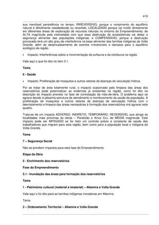 419
sua inevitável persistência no tempo; IRREVERSÍVEL porque o rompimento do equilíbrio
natural é dificilmente restabelecido ou revertido; LOCALIZADO porque vai incidir diretamente
em diferentes áreas de exploração de recursos naturais no entorno do Empreendimento; de
ALTA magnitude pela intensidade com que essa destruição de ecossistemas vai afetar a
segurança alimentar das populações indígenas; e COMPENSÁVEL porque a destruição
provocada terá um alto grau de interferência na base alimentar das famílias indígenas da Volta
Grande, além do desencadeamento de eventos irreversíveis e danosos para o equilíbrio
ecológico da região.
• Impacto: Interferências sobre a movimentação da avifauna e da ictiofauna na região
Vale aqui o que foi dito no item 3.1.
Tema
6 - Saúde
• Impacto: Proliferação de mosquitos e outros vetores de doenças de veiculação hídrica.
Por se tratar de área totalmente rural, o impacto ocasionado pela limpeza das áreas dos
reservatórios pode potencializar as endemias já existentes na região, como foi dito na
descrição do impacto previsto na fase de contratação da mão-de-obra. O problema aqui se
agrava devido à péssima estrutura de atendimento e monitoramento da saúde da população. A
proliferação de mosquitos e outros vetores de doenças de veiculação hídrica com o
desmatamento e limpeza das áreas necessárias à formação dos reservatórios virá agravar este
quadro.
Trata-se de um impacto ADVERSO, INDIRETO, TEMPORÁRIO, REVERSÍVEL que atinge as
localidades mais próximas às obras – Paratizão e Arroz Cru, de MÉDIA magnitude. Este
impacto pode ser MITIGADO se for feito um controle prévio e constante de saúde dos
trabalhadores que migram para esta região, bem como para a população local e indígena da
Volta Grande.
Tema
7 – Segurança Social
Não se prevêem impactos para esta fase do Empreendimento.
Etapa da Obra
5 - Enchimento dos reservatórios
Fase do Empreendimento
5.1 - Inundação das áreas para formação dos reservatórios
Tema
1 - Patrimônio cultural (material e imaterial) – Altamira e Volta Grande
Vale aqui o foi dito para as famílias indígenas moradoras em Altamira.
Tema
2 – Ordenamento Territorial – Altamira e Volta Grande
 