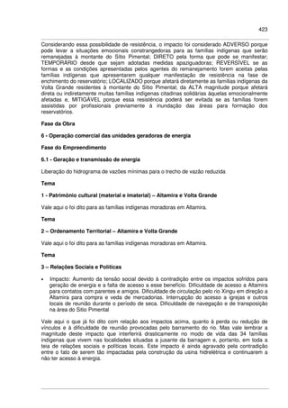 423
Considerando essa possibilidade de resistência, o impacto foi considerado ADVERSO porque
pode levar a situações emocionais constrangedoras para as famílias indígenas que serão
remanejadas à montante do Sítio Pimental; DIRETO pela forma que pode se manifestar;
TEMPORÁRIO desde que sejam adotadas medidas apaziguadoras; REVERSÍVEL se as
formas e as condições apresentadas pelos agentes do remanejamento forem aceitas pelas
famílias indígenas que apresentarem qualquer manifestação de resistência na fase de
enchimento do reservatório; LOCALIZADO porque afetará diretamente as famílias indígenas da
Volta Grande residentes à montante do Sítio Pimental; da ALTA magnitude porque afetará
direta ou indiretamente muitas famílias indígenas citadinas solidárias àquelas emocionalmente
afetadas e, MITIGÁVEL porque essa resistência poderá ser evitada se as famílias forem
assistidas por profissionais previamente à inundação das áreas para formação dos
reservatórios.
Fase da Obra
6 - Operação comercial das unidades geradoras de energia
Fase do Empreendimento
6.1 - Geração e transmissão de energia
Liberação do hidrograma de vazões mínimas para o trecho de vazão reduzida
Tema
1 - Patrimônio cultural (material e imaterial) – Altamira e Volta Grande
Vale aqui o foi dito para as famílias indígenas moradoras em Altamira.
Tema
2 – Ordenamento Territorial – Altamira e Volta Grande
Vale aqui o foi dito para as famílias indígenas moradoras em Altamira.
Tema
3 – Relações Sociais e Políticas
• Impacto: Aumento da tensão social devido à contradição entre os impactos sofridos para
geração de energia e a falta de acesso a esse benefício. Dificuldade de acesso a Altamira
para contatos com parentes e amigos. Dificuldade de circulação pelo rio Xingu em direção a
Altamira para compra e veda de mercadorias. Interrupção do acesso a igrejas e outros
locais de reunião durante o período de seca. Dificuldade de navegação e de transposição
na área do Sitio Pimental
Vale aqui o que já foi dito com relação aos impactos acima, quanto à perda ou redução de
vínculos e à dificuldade de reunião provocadas pelo barramento do rio. Mas vale lembrar a
magnitude deste impacto que interferirá drasticamente no modo de vida das 34 famílias
indígenas que vivem nas localidades situadas a jusante da barragem e, portanto, em toda a
teia de relações sociais e políticas locais. Este impacto é ainda agravado pela contradição
entre o fato de serem tão impactadas pela construção da usina hidrelétrica e continuarem a
não ter acesso à energia.
 
