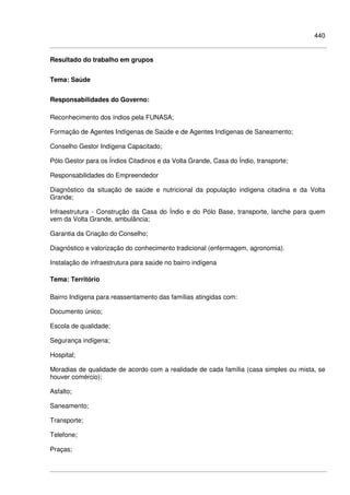 440
Resultado do trabalho em grupos
Tema: Saúde
Responsabilidades do Governo:
Reconhecimento dos índios pela FUNASA;
Formação de Agentes Indígenas de Saúde e de Agentes Indígenas de Saneamento;
Conselho Gestor Indígena Capacitado;
Pólo Gestor para os Índios Citadinos e da Volta Grande, Casa do Índio, transporte;
Responsabilidades do Empreendedor
Diagnóstico da situação de saúde e nutricional da população indígena citadina e da Volta
Grande;
Infraestrutura - Construção da Casa do Índio e do Pólo Base, transporte, lanche para quem
vem da Volta Grande, ambulância;
Garantia da Criação do Conselho;
Diagnóstico e valorização do conhecimento tradicional (enfermagem, agronomia).
Instalação de infraestrutura para saúde no bairro indígena
Tema: Território
Bairro Indígena para reassentamento das famílias atingidas com:
Documento único;
Escola de qualidade;
Segurança indígena;
Hospital;
Moradias de qualidade de acordo com a realidade de cada família (casa simples ou mista, se
houver comércio);
Asfalto;
Saneamento;
Transporte;
Telefone;
Praças;
 
