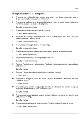 445
Os Programas elaborados são os seguintes:
1. Programa de realocação das famílias que vivem em áreas requeridas para o
Empreendimento Duração: período determinado
2. Programa de esclarecimento à população indígena (sobre o projeto de aproveitamento
hidrelétrico e sobre o conhecimento adquirido)
Duração: período determinado
3. Programa de qualificação da população indígena
Duração: período determinado
4. Programa de educação socioambiental para os trabalhadores das obras, incluindo
informação sobre a questão étnica
Duração: período determinado
5. Programa de contratação da mão-de-obra indígena
Duração: período determinado
6. Programa de estudos de viabilidade econômica para geração de trabalho e renda
Duração: período determinado
7. Programa de rearticulação do transporte por via fluvial
Duração: período determinado
8. Plano de Fortalecimento Institucional da População Indígena de Altamira e da região da
Volta Grande
Duração: vitalício
9. Plano de Valorização do Patrimônio Cultural (material e imaterial)
Duração: vitalício
10. Programa de Atenção à Saúde dos Índios Citadinos de Altamira e Moradores na Volta
Grande do Xingu
Duração: vitalício
11. Programas para garantir a segurança alimentar e nutricional das famílias indígenas
moradoras de Altamira e da Volta Grande do Xingu
Duração: vitalício
12. Programas de segurança social para as famílias indígenas moradoras em Altamira e na
Volta Grande do Xingu
Duração: vitalício
13. Programa de Urbanização de Assentamentos Precários na Volta Grande do Xingu
Duração: período determinado
 