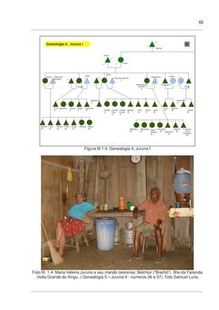 65
Figura III.1.4: Genealogia 4, Juruna I
Foto III. 1.4: Maria Helena Juruna e seu marido cearense, Belchior (“Brechó”). Ilha da Fazenda
,Volta Grande do Xingu. ( Genealogia 5 – Juruna II - números 36 e 37). Foto Samuel Luna.
 